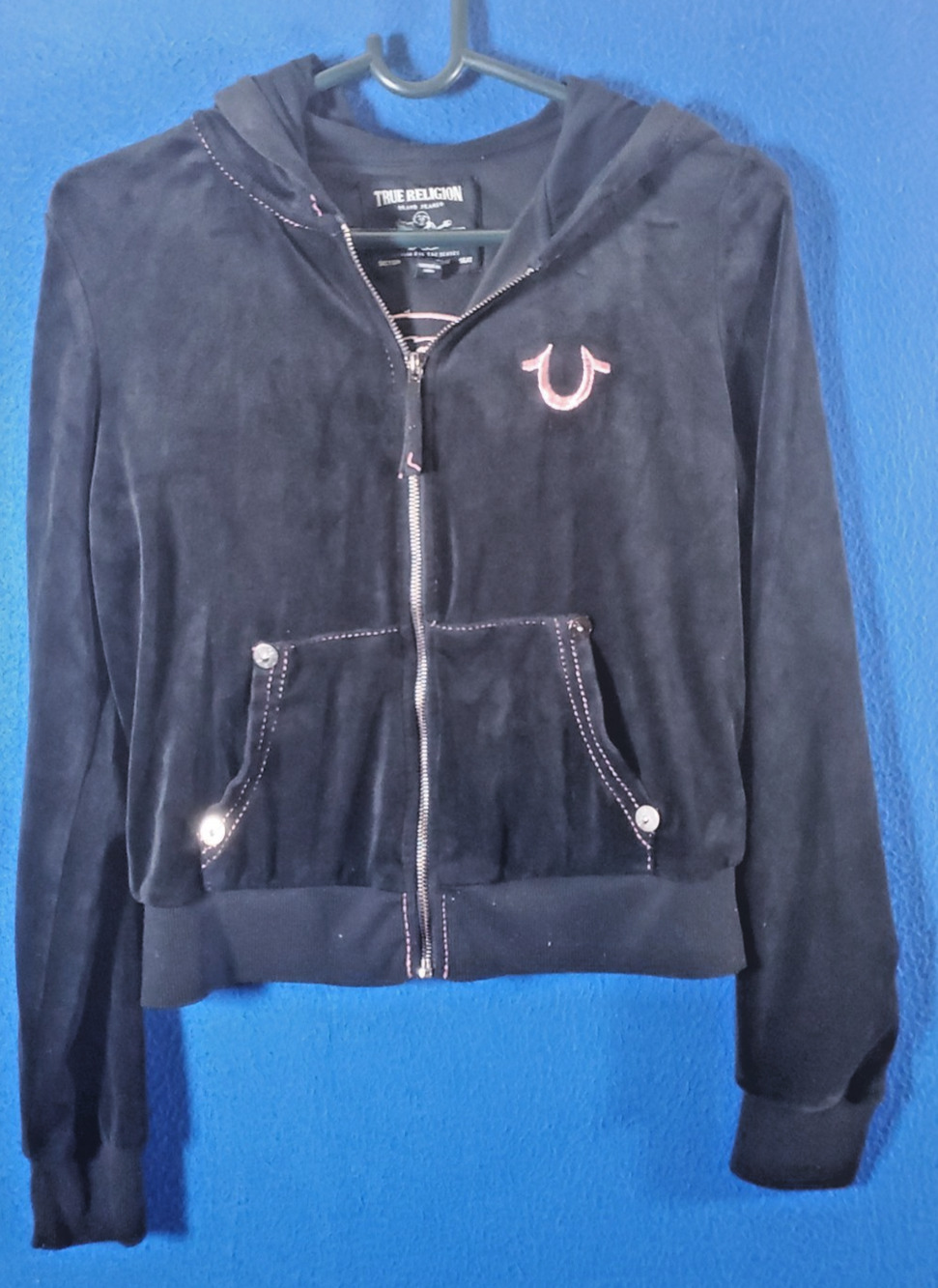 True Religion Womens Velour Zip Up Hoodie Black Pink Crystal Buddha Shrunken XS